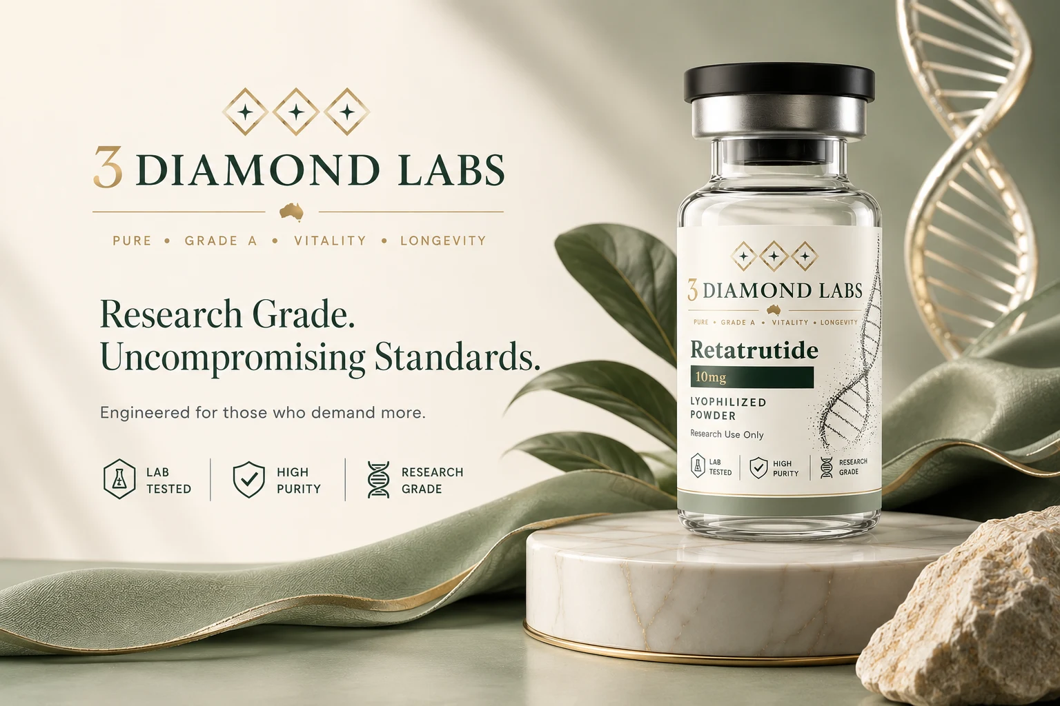 3 Diamond Labs Australia — 99%+ purity research peptides, HPLC-MS verified, same-day dispatch Australia-wide